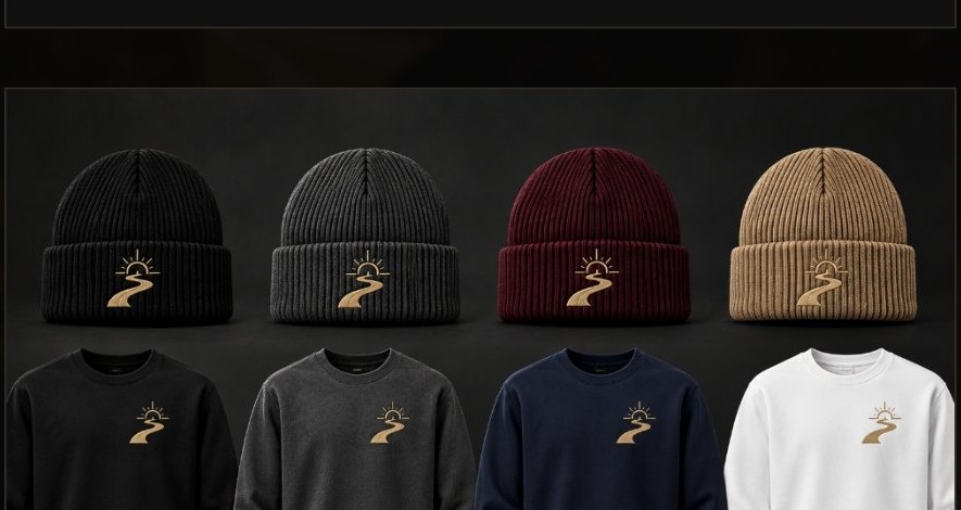 Beanies in Black, Charcoal, Burgundy and Tan, and crewneck sweatshirts in Black, Charcoal, Navy and White, each carrying the gold path logo