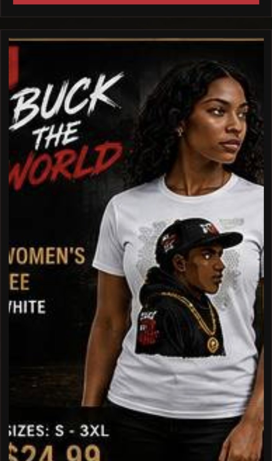 A model wearing the Buck The World Tee — white fitted tee carrying the Buck The World character graphic, BTW cap and gold chain
