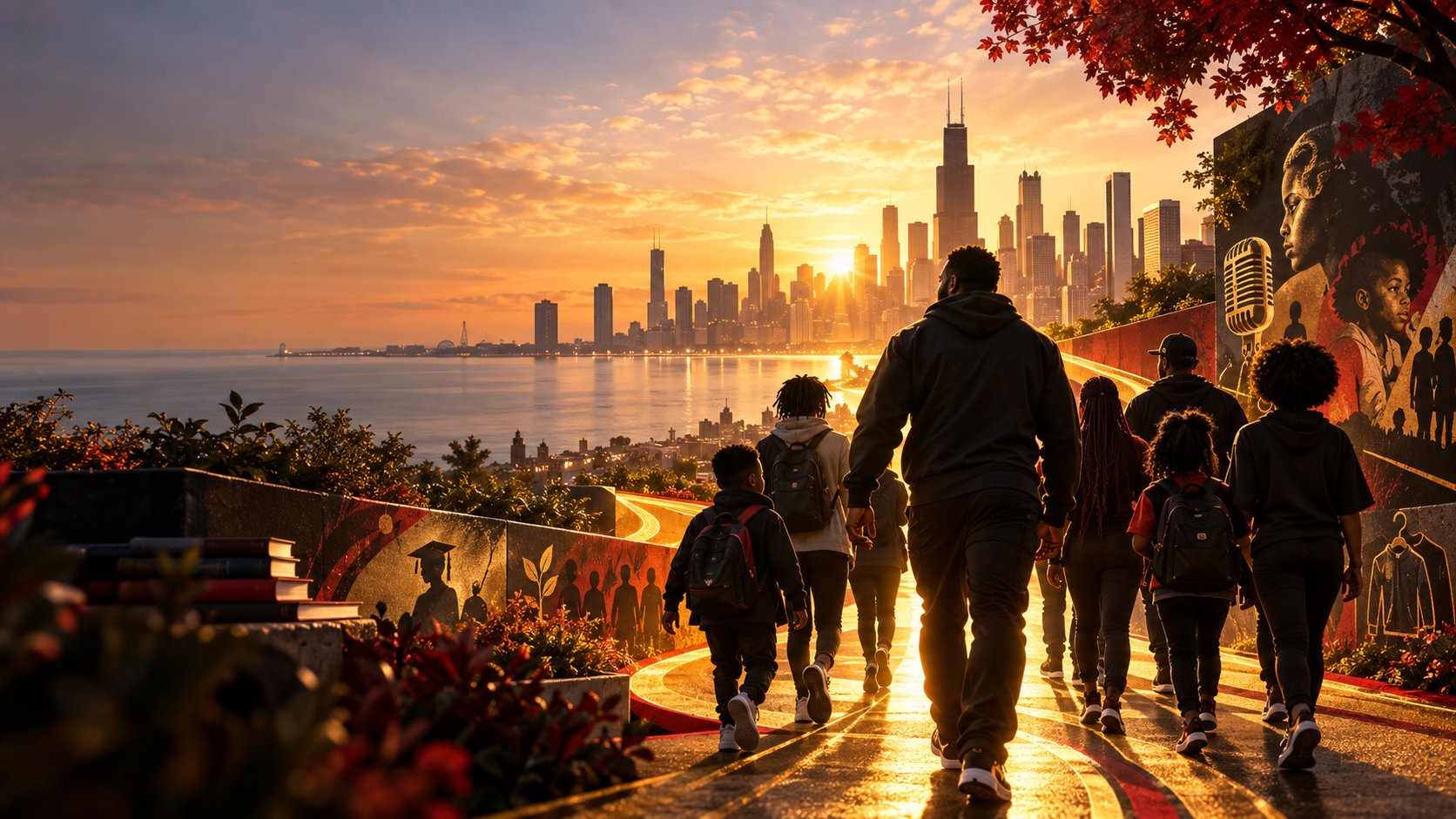 A group of people walking a mural-lined path toward the Chicago skyline at sunrise