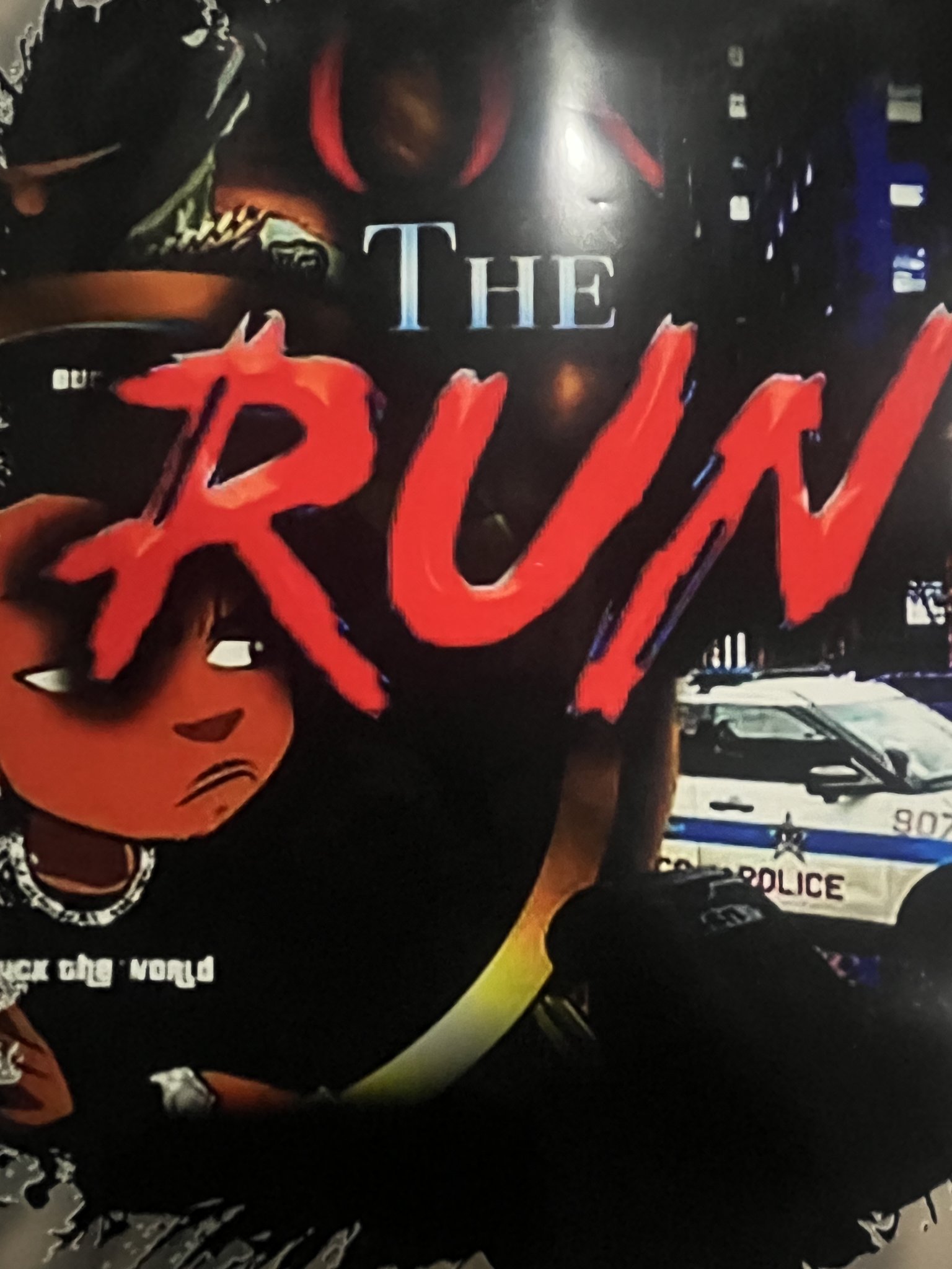 Cover of On the Run by Jamel Miller — bold red title over a nighttime city scene with a police car