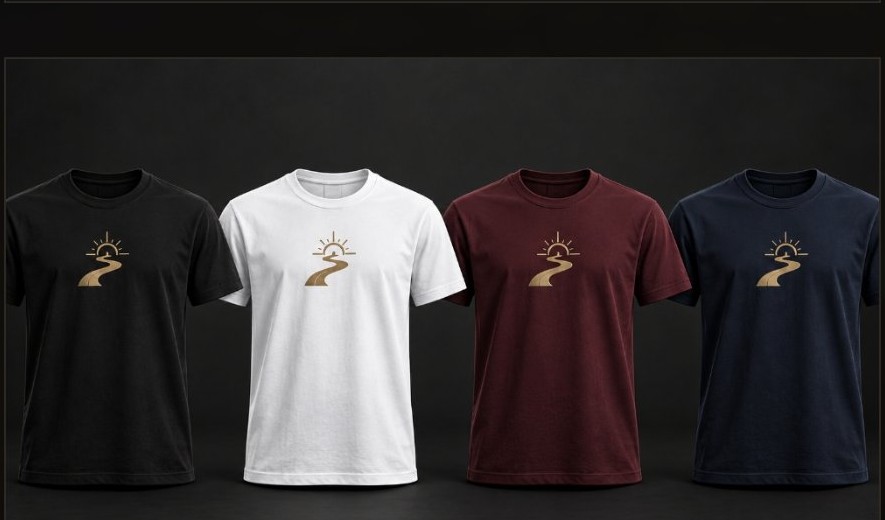 Gold Path T-Shirts in Black, White, Burgundy and Navy, each carrying the gold sunrise-path logo