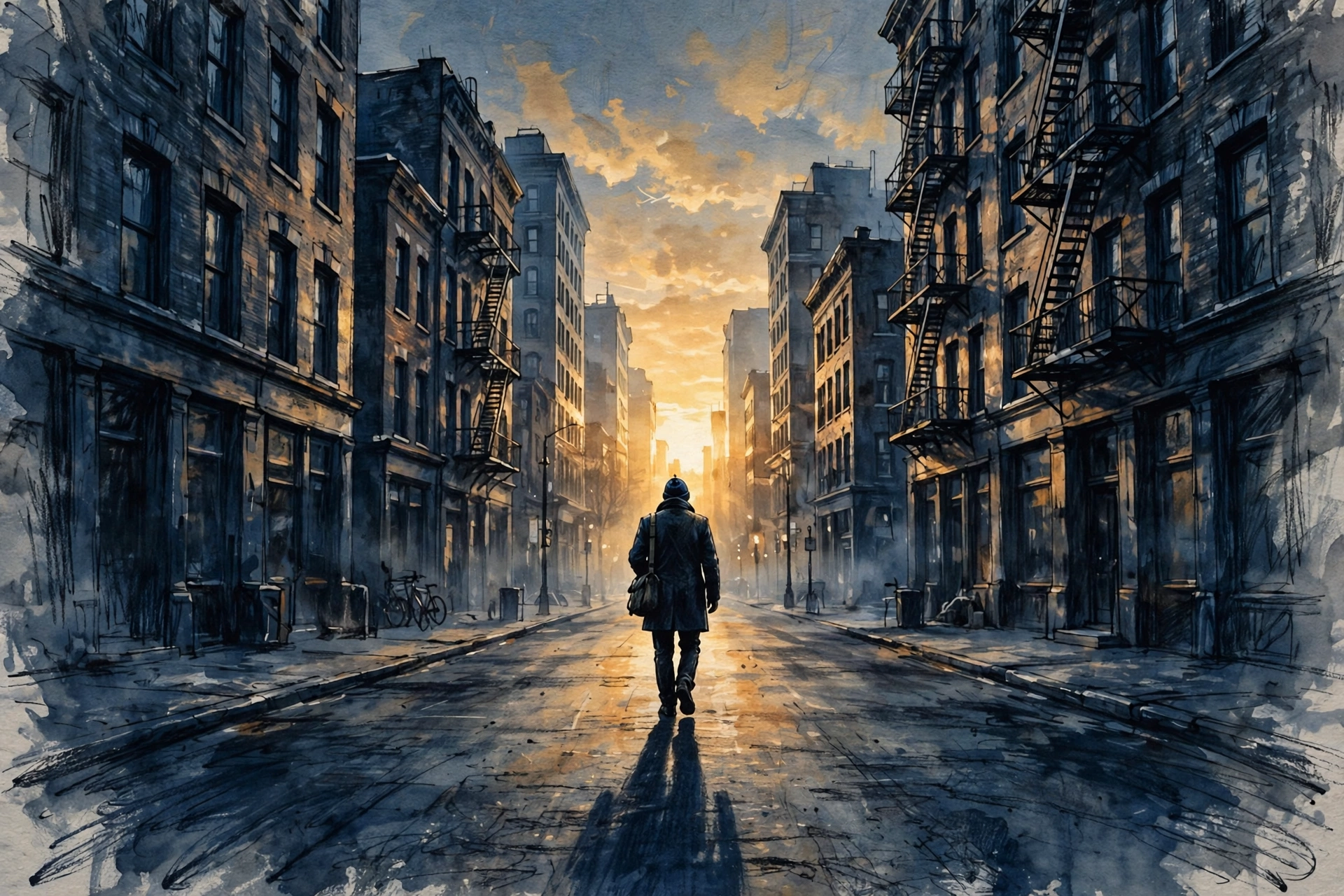 Painting of a man walking alone down a city street toward the sunrise