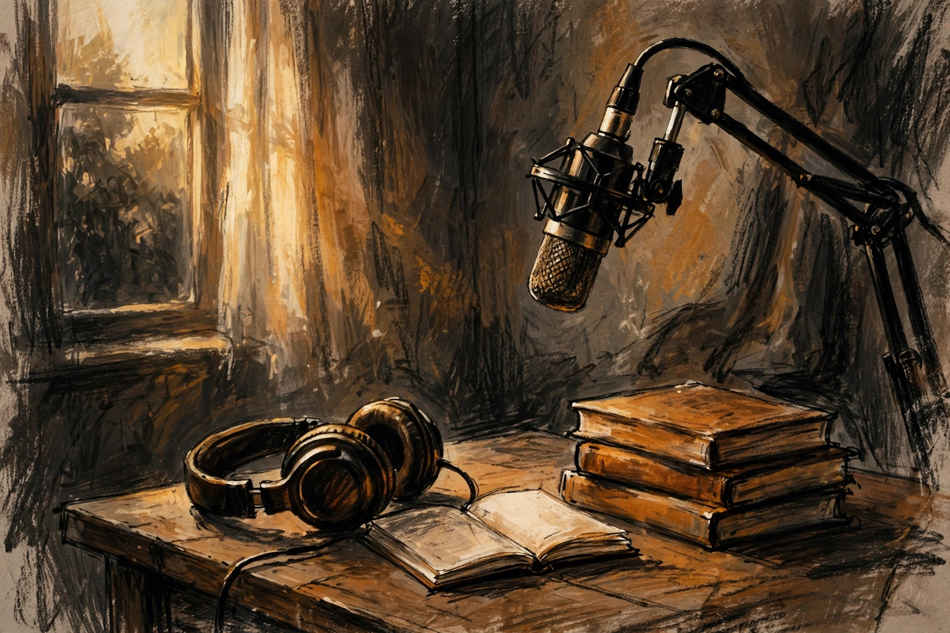 Painting of a podcast microphone, headphones, and a stack of books on a wooden table