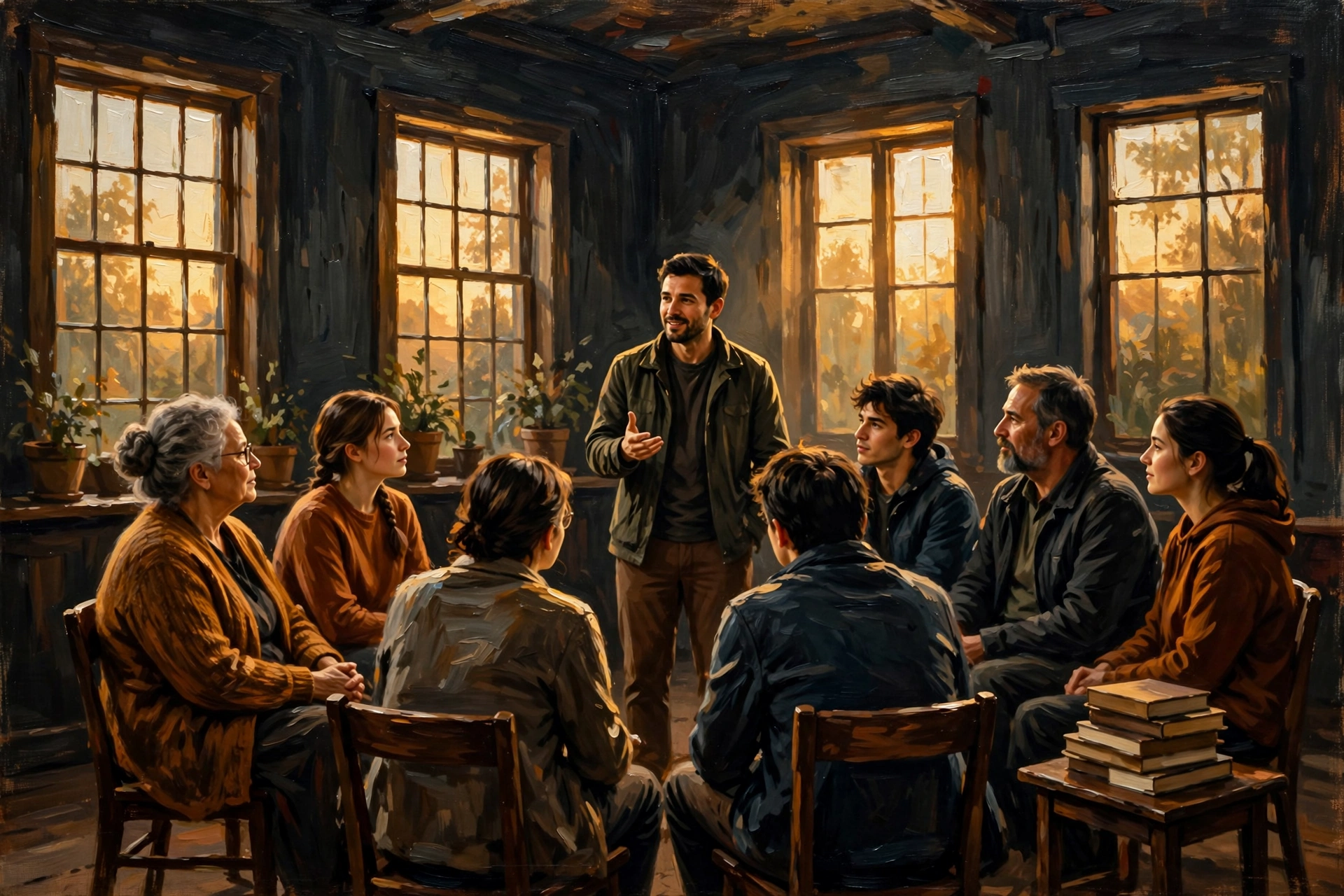 Painting of a community circle seated in a warm room, listening to a speaker