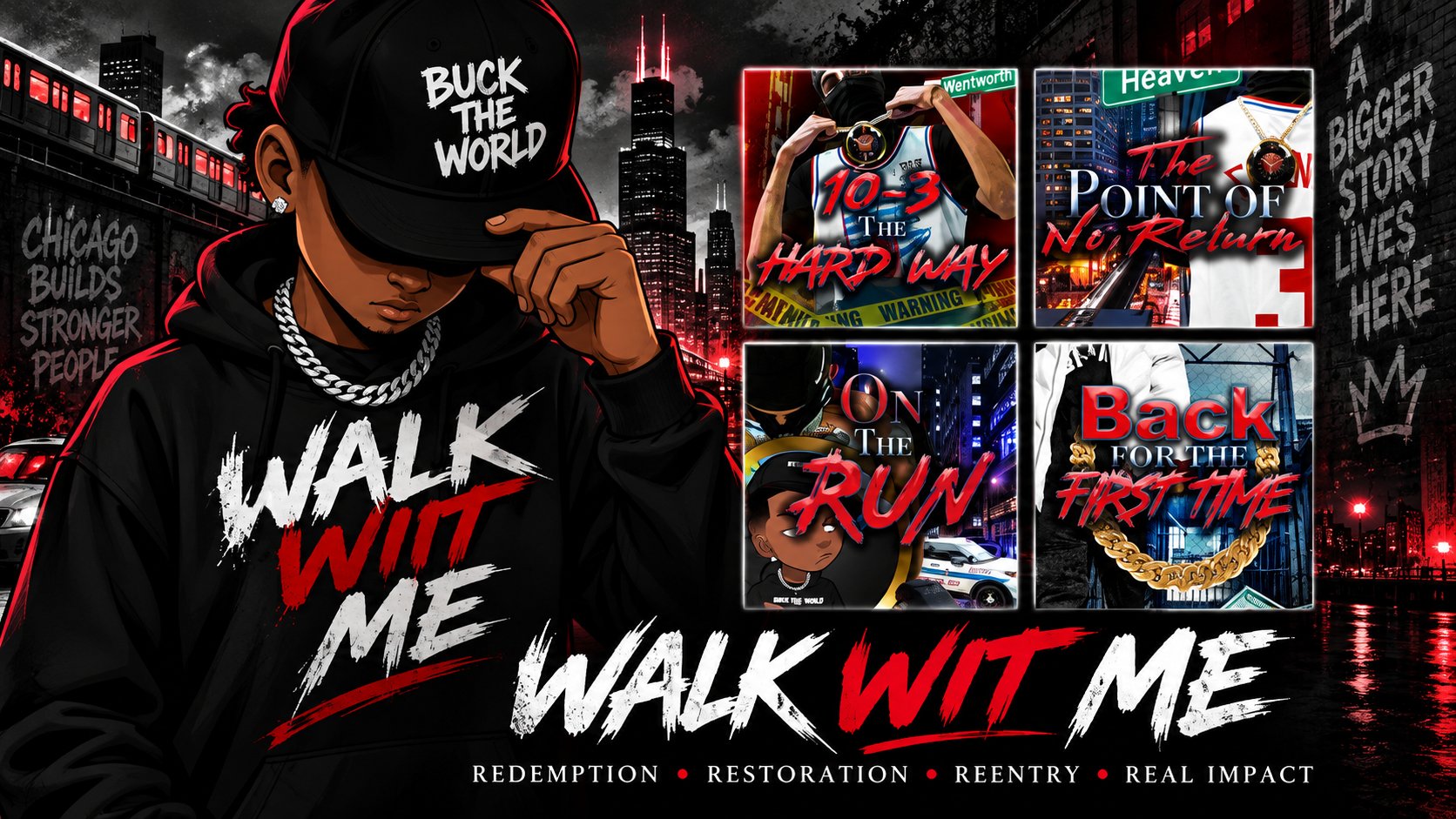 Walk Wit Me poster — the Buck The World character beside all four Walk With Me book covers, with the Chicago skyline and an elevated train behind them