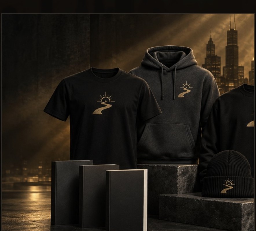 Walk With Me apparel against the Chicago skyline — a black Gold Path tee, charcoal hoodie, crewneck and beanie with the gold sunrise-path logo, shown with the three books