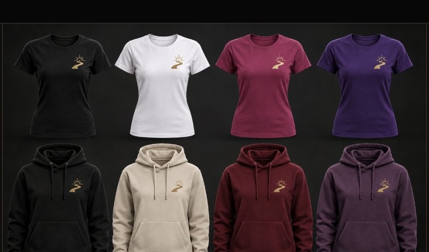 Women's Color Collection — fitted tees and hoodies in Black, White, Berry, Purple, Sand, Burgundy and Plum, each carrying the gold path logo