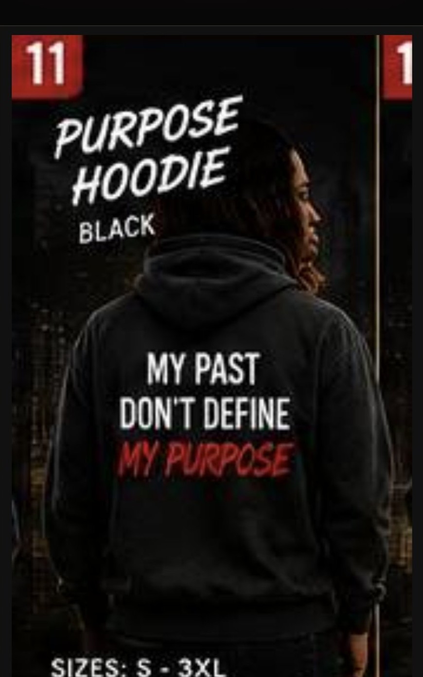 Women's Purpose Hoodie in black, back view — MY PAST DON'T DEFINE MY PURPOSE printed across the back in white and red